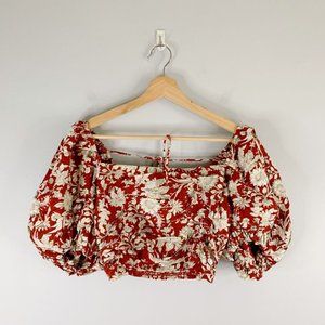 Free People Womens Floral Crop Top S Small Smocked Linen Puff Sleeve Square